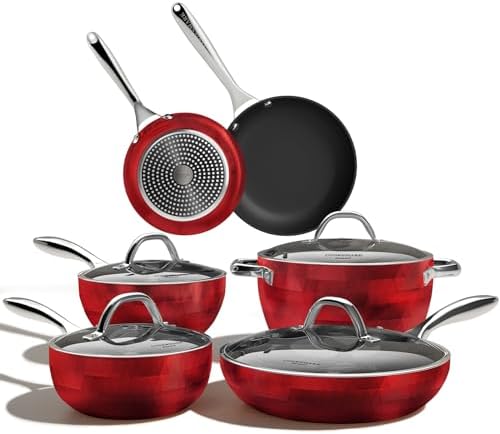 All in One Pan 10-Piece Diamond-Infused Cookware Set – Induction Compatible Aluminum Pots & Pans with Durable Glass Lids for Easy Cooking, Dishwasher Safe – Red