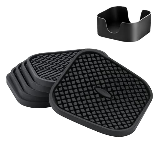 Set of 6 Silicone Drink Coasters with Holder, Deep Grooved, Absorbent, Large 4 inch Square Cup Mat