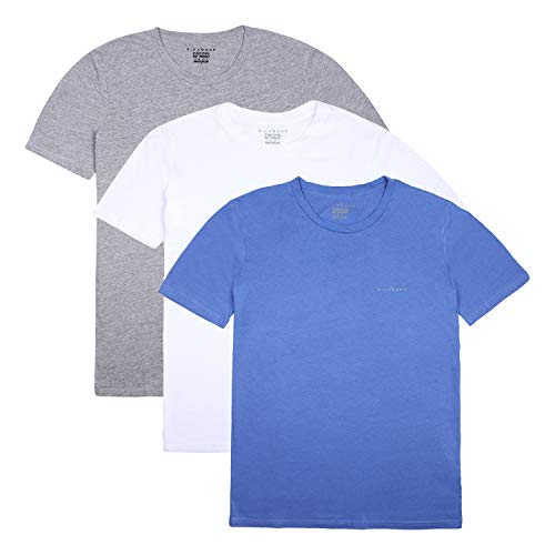 John Richmond - Camiseta Interior para Hombre (Paquete de 3) Colores Blanco, Gris y Azul, Mangas Cortas, Cuello Redondo, 100% algodón, cómodo y Transpirable, Resistente a Lavados frecuentes