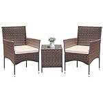 Greesum 3 Pieces Patio Dining PE Rattan Wicker Chair Furniture Set with Cushion and Glass Coffee Table for Outdoor Garden Backyard Poolside, Brown and Beige