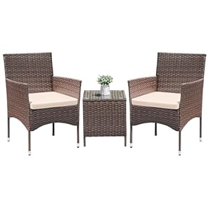 Greesum 3 Pieces Patio Dining PE Rattan Wicker Chair Furniture Set with Cushion and Glass Coffee Table for Outdoor Garden Backyard Poolside, Brown and Beige