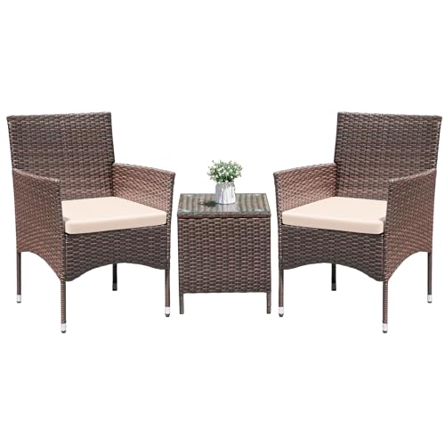 Greesum 3 Pieces Patio Dining PE Rattan Wicker Chair Furniture Set with Cushion and Glass Coffee Table for Outdoor Garden Backyard Poolside, Brown and Beige