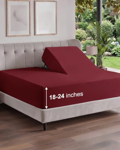Image of Extra Deep Flex Top Split Head King Fitted Sheet - Hotel Luxury Single Fitted Sheet Only - Easily Fits 18 inch to 24 inch Mattress - Ultra Soft, Wrinkle Free w /Extra Deep Pockets - Burgundy