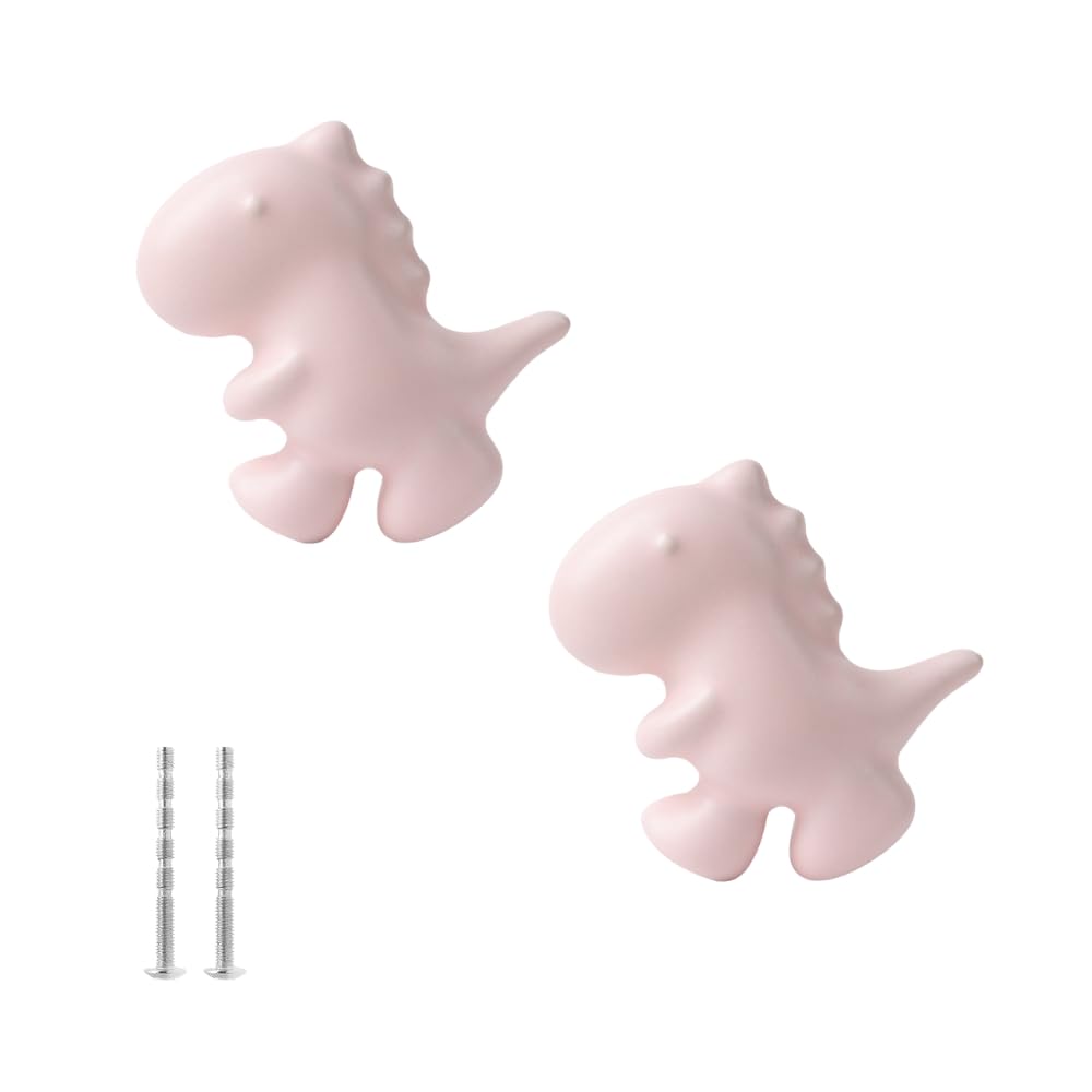Pomelli a Forma di Dinosauro in Ceramica, Set di 2 Maniglie Decorative per Cassetti e Mobili, Multicolore (rosa)