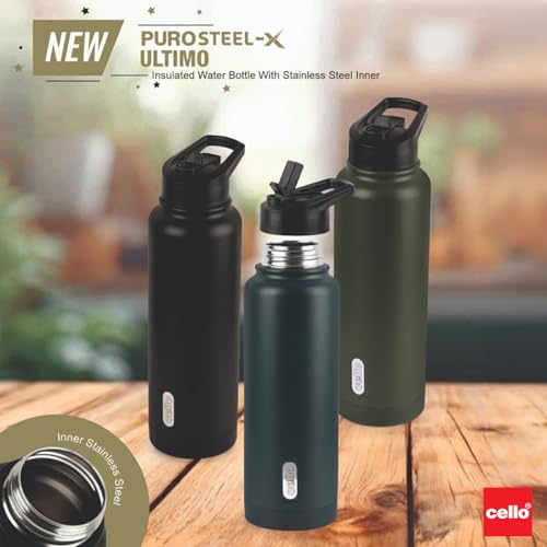 Image of CELLO Puro Steel-X Ultimo 900 Insulated Water Bottle 650 ml Matt Green | Fridge Safe PU Insulated Lightweight Slim & Stylish Leakproof Easy to Carry Backpack Water Bottle For Travel Office & Daily Use