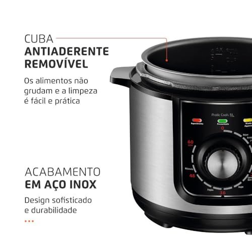 Panela de Pressão Elétrica Mondial 5L Pratic Cook 900W Preto/Inox 220V - PE-48-5L-I