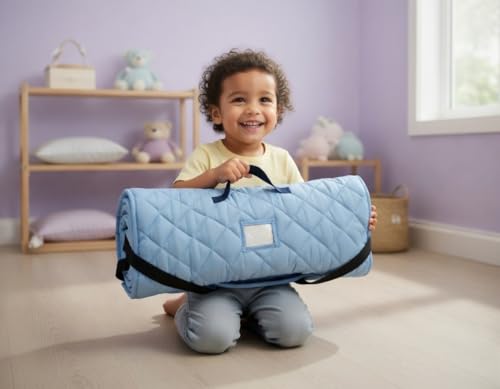 Image of EVERYDAY KIDS Cute Preschooler and Toddler Cot Nap Mat for Home, Daycare, Preschool and Kindergarten; Easy to Roll Sleeping Mat with Elastic Straps, Pillow and Blanket