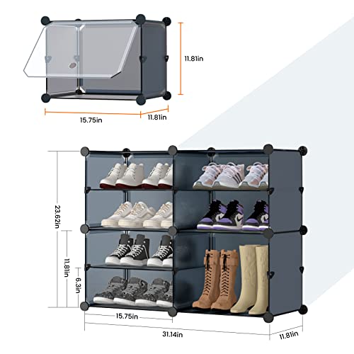 Shoe Rack Organizer, 4 Cube 8 Tier Covered Shoe Rack Cabinet 16 Pair Freestanding Diy Storage Shelves Plastic Shoe Rack For Closet Entryway Hallway Bedroom Or Garage, Dark Grey #TOP2