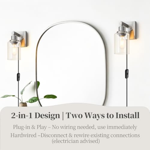 Image of Plug in Wall Sconces Set of 2, Modern Corded Wall Sconce, Bedroom Wall Sconces with Clear Glass, Wall Decor Set of 2 Brushed Nickel Wall Lamps for Bedroom Living Room