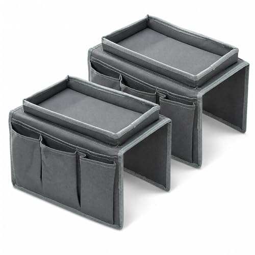 2PCS Sofa Arm Table, Armchair Tray,Thickened Large Capacity Armchair Caddy with 4 Waterproof Non-Slip Pockets, Multi Functional Foldable Sofa Side Table for Cup Remote Phone Snack Magazine(Grey）