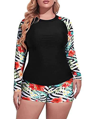 Daci Women 2 Piece Plus Size Long Sleeve Rash Guard Zip Front Athletic Bottom Tankini Swimsuits UPF 503