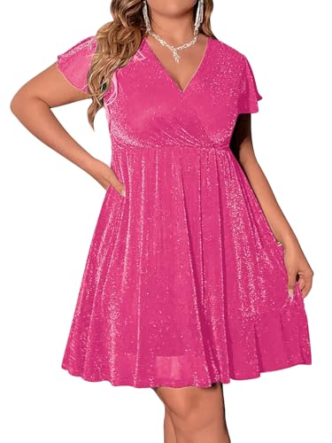 Floerns Women's Plus Size Glitter Wrap V Neck Short Sleeve Party A Line Dress