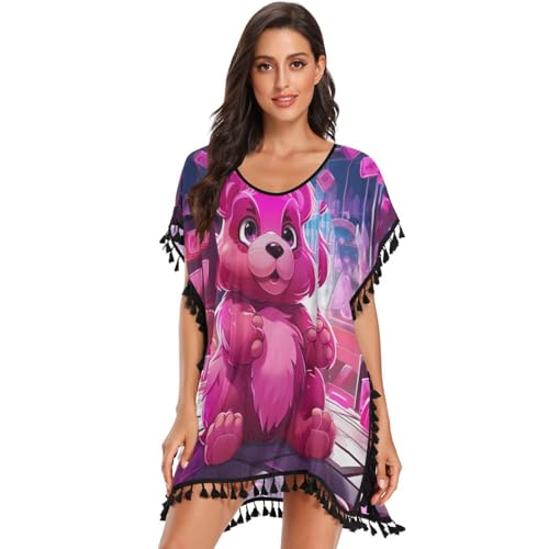 Pink Pattern Art Bear Women's Beach Cover Up Chiffon Tassel Swimwear Swimsuit Coverups for Girl