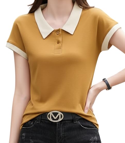 Image of GLASGO Pure Cotton Regular Fit Plain Solid Classic Polo Collar Half Sleeve T-Shirt for Women (Colors: Beige, Mustard, Gray, Pink)