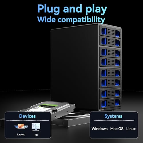 Image of CENMATE Aluminum 8 Bay Hard Drive Enclosure with Cooling Fan for 2.5 inch /3.5 inch SATA HDD /SSD with USB A /C 3.0, Support Hot Swappable, Tool-Free HDD Enclosure, DAS(NO RAID /NAS)