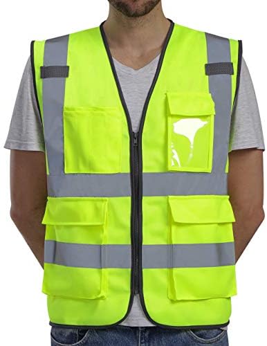 Dib Safety Vest Reflective ANSI Class 2, High Visibility Vest with Pockets and Zipper, Construction Work Vest Hi Vis Yellow L