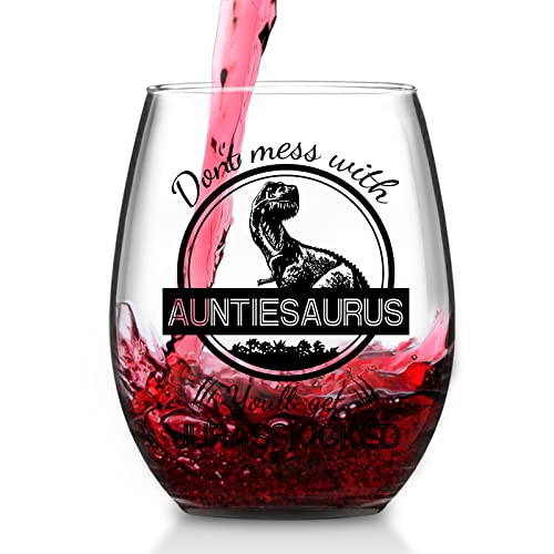 Futtumy Aunt Gifts, Don’t Mess With Auntiesaurus Stemless Wine Glass, Funny Aunt Dinosaur Glass For Women Aunt Auntie From Nephew Niece, Unique Christmas Gift Mother’s Day Gift Birthday Gift, 15Oz #TOP30