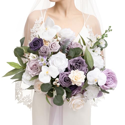 Ling's moment Wedding Bouquets for Bride, 15 Inch Lilac & Gold