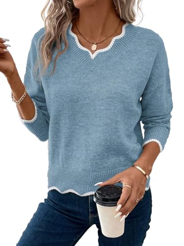 OCSTRADE Women's V-Neck Sweater, Long Sleeve Knit Pullover with Scallop Trim, Loose Fit