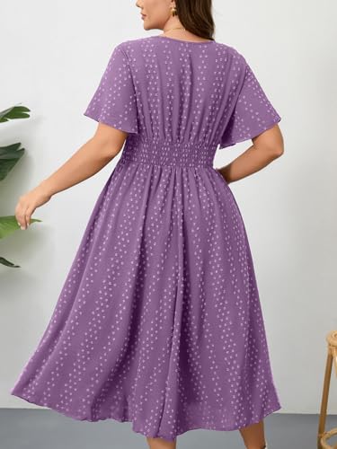 Image of RWJ Women's Plus Size Maxi Dress V Neck Short Sleeve Swiss Dot A Line High Waist Boho Swing Casual Summer Dresses