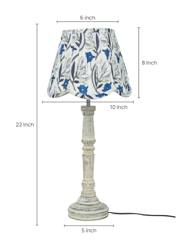 Image of Green Girgit Wooden Distress White Empire Lamp with Pleeted Multicolor Blue Floral Lotus Shape Lamp Shade