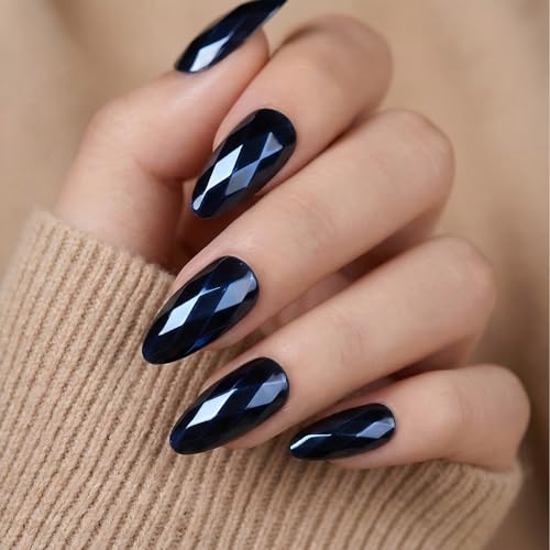 Navy Blue Press On Nails Long Almond Soft Gel Fake