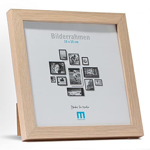 M MERCEO Marco de fotos cuadrado 15x15 cm (1 unidad), en naturaleza, minimalista y moderno para fotos e imágenes, incluye protección de cristal acrílico. Adecuado como soporte de mesa y para la pared