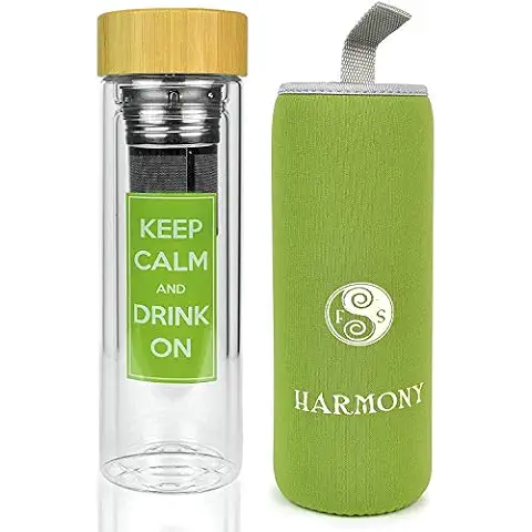Harmony N More Glass Water Bottle with Bamboo Lid - Motivational & Reusable, BPA-Free, Safe for Hot & Cold Drinks, Eco-Friendly, Leak-Proof, Dishwasher Safe, Ideal for Fitness, Office, Travel Cover