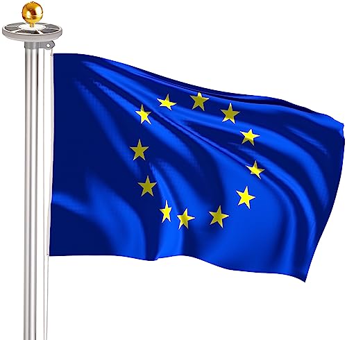 BRUBAKER Aluminium Fahnenmast 6m inkl. Europa Flagge, Solar Fahnenmastlicht und Kugelspitze Gold - Flaggenmast mit Bodenhülse + Europafahne + Solar-Licht - EU All-in-One Set