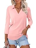 TICTICMISS Womens V Neck Polo Shirts 3/4 Sleeve Collared Tops Business Casual Summer Tops Trendy Loose