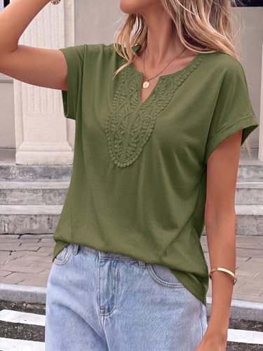 PRETTYGARDEN Summer Cute V Neck Going Out Tops Casual Loose Fit Rolled Short Sleeve Shirts for Women Trendy Fashion Clothes (Army Green, XX-Large) — view 3