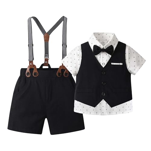 Image of Boarnseorl Baby Boys Shorts Sets, Infant Shirt+Shorts+Bow Tie+Vest,Toddler Gentleman Outfits Suits