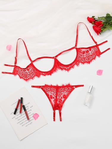 Image of Lilosy Sexy Underwire Floral Lace Sheer Lingerie Set for Women See Through Bra and Panty 2 Piece