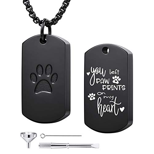 MeMeDIY Personalized Paw Print Dog Tag Pendant Urn Ashes Necklace Engraving Photo/Name/Text for Women Men Stainless Steel Pet Dog Cat Memorial Jewelry Keepsake Cremation with Funnel Kit