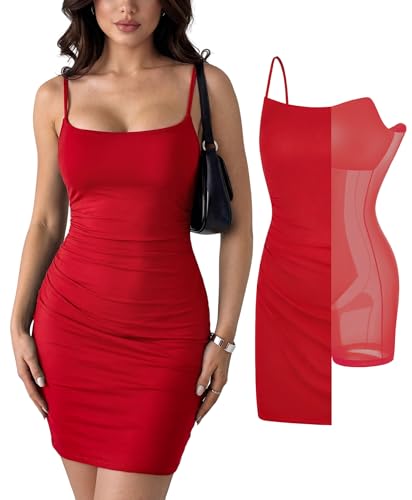 Image of Popilush Dress with Built in Shapewear Spaghetti Strap Mini Dresses Mesh Ruched Bodycon Summer Splash