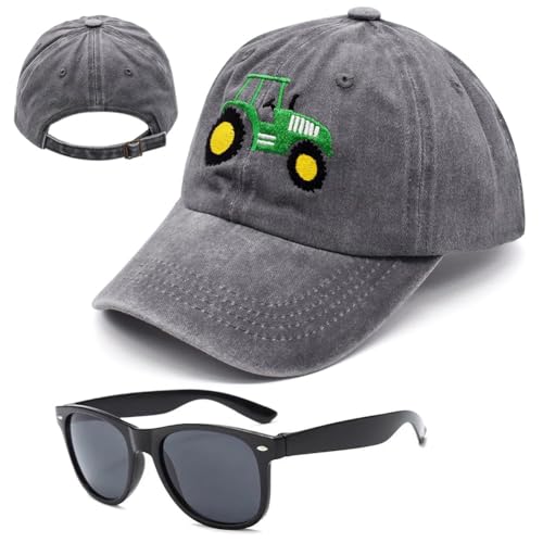 FCXVXCL Tractor Casquette de Baseball pour Enfant,Tractor Casquette et Lunettes de Soleil Chapeau de Soleil Casquettes Broderie de Baseball Réglable for Enfants 3-8 Years Old,Gray