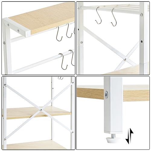 YMYNY Küchenregal mit 5 Ablagen, Bäckerregal, Standregal, Mikrowellenregal mit verstellbaren Weinhaltern und S-Haken, Mehrzweck-Organizer, für Mikrowelle, Kochutensilien, Naturfarben-Weiß HBR001R