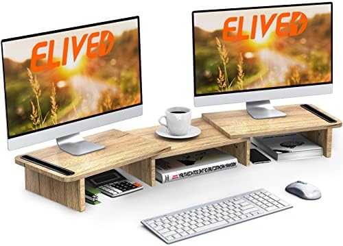 ELIVED Dual Monitor Stand, Wood Monitor Stand with Adjustable Length and Angle, Computer Monitor Stand for Desk, 3 Shelf Monitor Riser, Desktop Organizer for PC, Computer, Laptop (Oak)