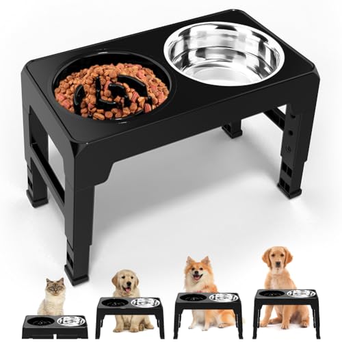 CAROZEN Elevated Dog Bowls 4 Height Adjustable Raised Dog Bowls, Non-Slip Dog Bowl Stand with Slow Food Bowl and Stainless Steel Dog Food Bowl for Small/Medium/Large dogs