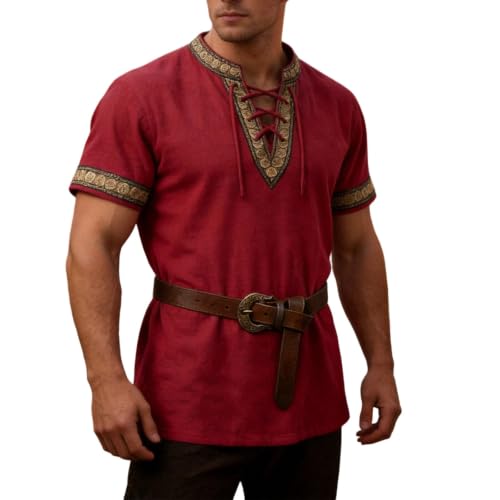 Camisa medieval de lino para hombre con cordones y manga corta estilo vikingo retro