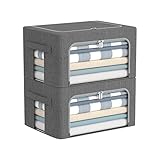 Clothes Storage Bins Box - Linen Fabric Foldable Stackable Container Organizer Set with Clear Window & Carry Handles & Metal Frame - 2Pack Large Capacity for Bedding, Blankets, Toys, Books