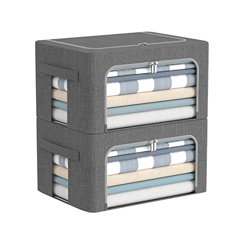 Clothes Storage Bins Box - Linen Fabric Foldable Stackable Container Organizer Set with Clear Window & Carry Handles & Metal Frame - 2Pack Large Capacity for Bedding, Blankets, Books