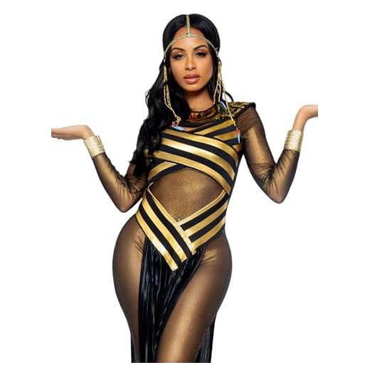 Leg Avenue womens - 3 Piece Nile Queen Catsuit Set Sexy Egyptian Halloween Dress Bodysuit With Headpiece for Adult Sized Costume, Gold/Black, Medium US