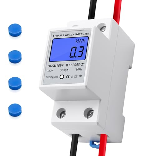 Compteur Electrique Monophasé Rail DIN 220V 5(80) A, Sous Compteur Electrique LCD Rétroéclairé 50/60Hz, Mesure Consommation kWh Tension Courant