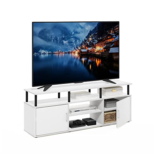 Image of Furinno Jensen Entertainment Center Stand for TV up to 70 Inch, Plastic Pole, Solid White /Black