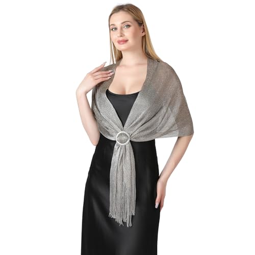 Image of Stoles for Evening Dress with Buckle, Fringes - Polyester Blend, Shimmer Stole Wraps for Weddings, Party | Women's Clothing