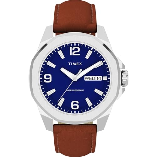 Image of TIMEX Essex Analog Watch for man with Blue Round Dial & Brown Leather Strap Band Water Resistant Men's Wrist Watches - TW2W92800UJ