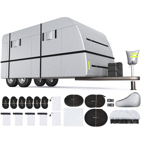 DNYKER 300D Oxford Fabric RV Cover 20-22ft Travel Trailer Cover Waterproof & Windproof UV Protection Camper Cover with Extra Straps Tire Covers Gutter Covers & Jack Cover