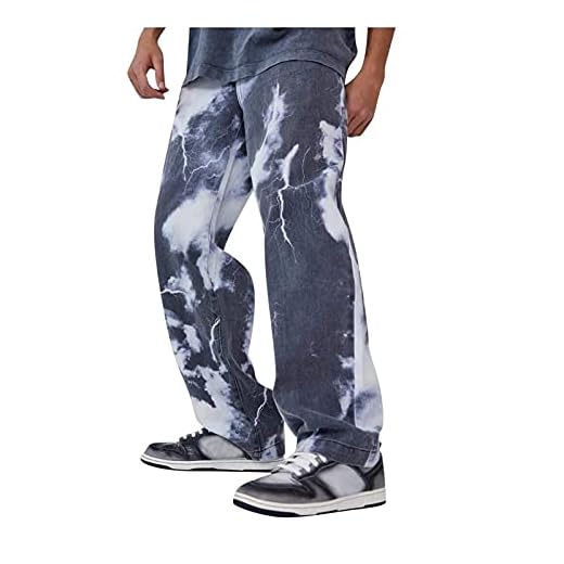 Herr Snygg Tie dye Jeans Baggy Hip Hop Jeans Byxor Casual Straight Leg Denim Byxor Vintage Color Block Wide Leg Byxor Streetwear (Color : Dark blue, Size : Large)