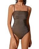 RXRXCOCO Women Tummy Control One Piece Swimsuits Ruched Strapless Bathing Suits Slimming Swimwear Brown L